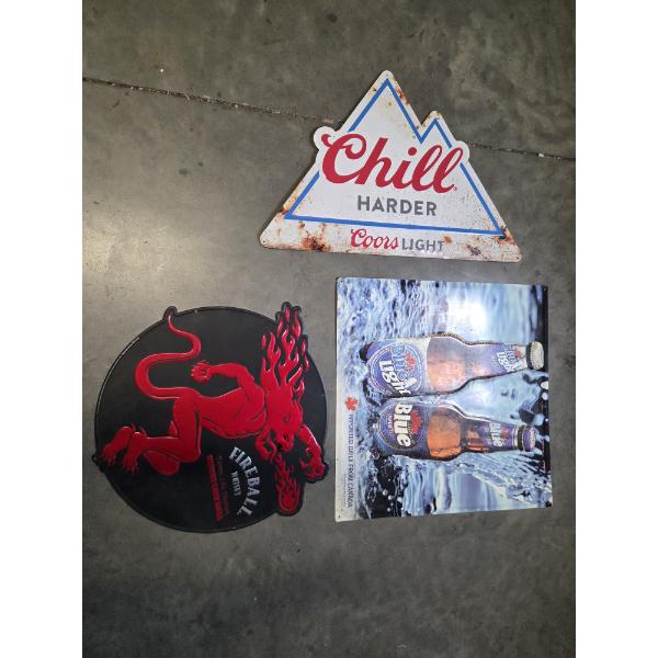 Three Tin Beer Wall Signs, Including Fireball 17''x17'', Coors Light 16''x23'', & Labatt 20''x20''