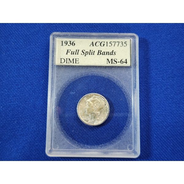 ACG MS 64 1936 Mercury 90% Silver Dime Full Split Bands 