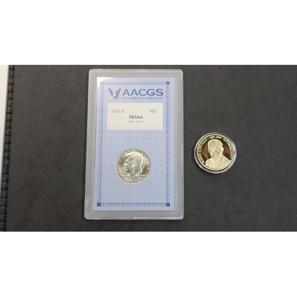 AACGS 1976-S MS64 Bicentennial Kennedy Silver Half Dollar & Harry S. Truman Gold Plated Medal