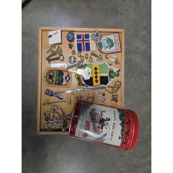 Vintage Lifesavers Tin With Neat Collection Of Vintage Keys, Patches, Pins & More!