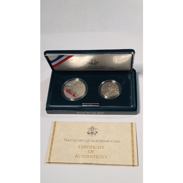 1992 "The Columbus Quincentenary Coins" Two-Coin Proof Set Featuring 90% Silver Dollar  