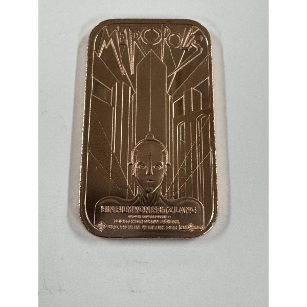 METROPOLIS Movie Advertising Brilliant Uncirculated One Troy Oz .999 Fine Copper Bar - Mint