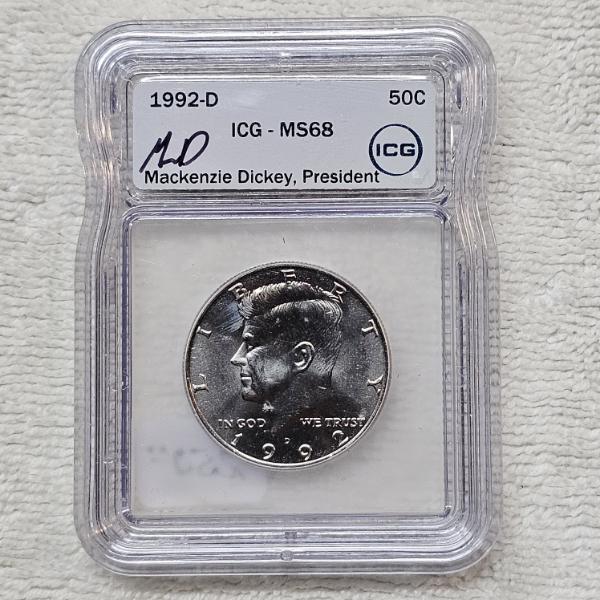 Mackenzie Dickey Signed 1992-D Kennedy Half Dollar Professionally Graded MS68 by ICG