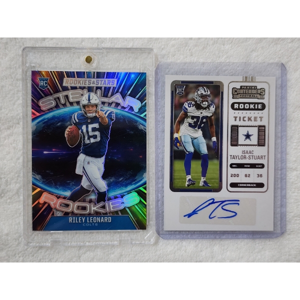 Two Panini Rookie Football Trading Cards Including Autograph Isaac Taylor-Stuart & Riley Leonard