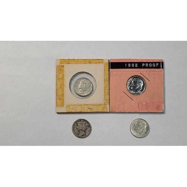 1941,1942-D 90% Silver Mercury Dimes & 1964, 1962 Proof Roosevelt 90% Silver Dimes-Face Value: $0.40