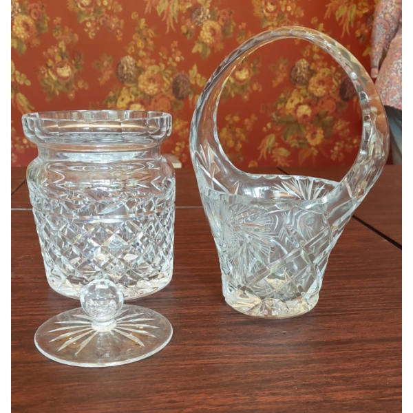 Cut Glass Basket & Lidded Jar As Shown Excellent Condition 6"" T & 8" Tall