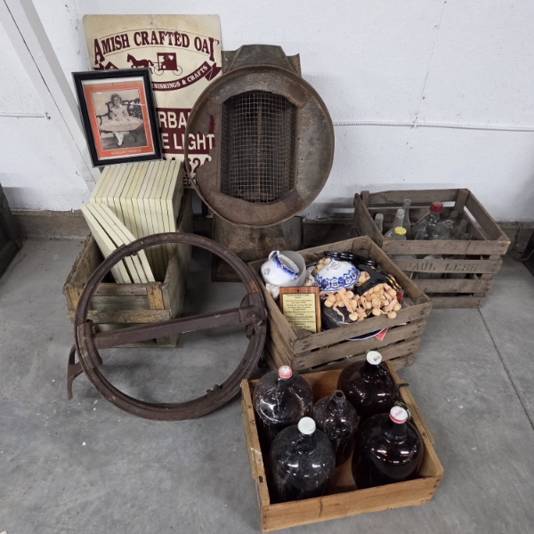 Vintage Wood Crates, Metal Tumbler, Bottle Collection, Art Work, Tin Sign, Glassware & More!