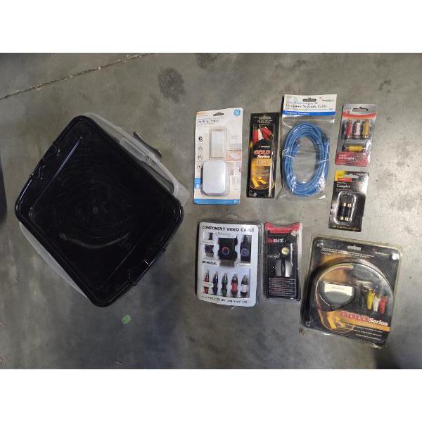 Large Group Of Video Cables & Accessories And 15.5 Quart Storage Container