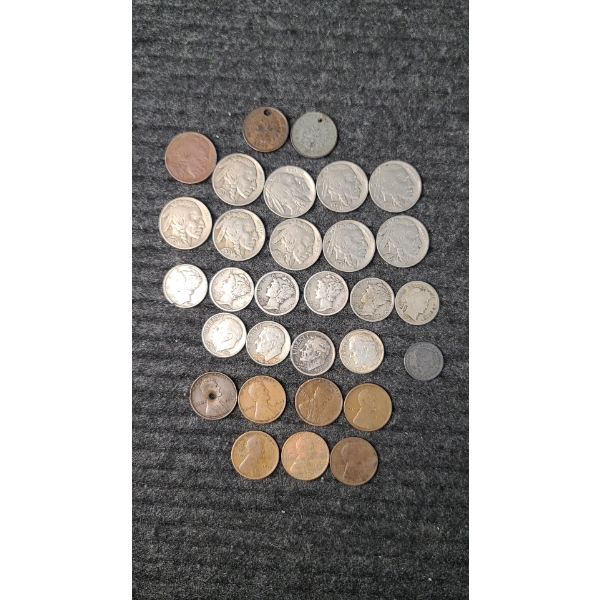 Assorted Coin Lot Including 1916 Buffalo Nickel, Canadian Silver 5 Cent Coin & More