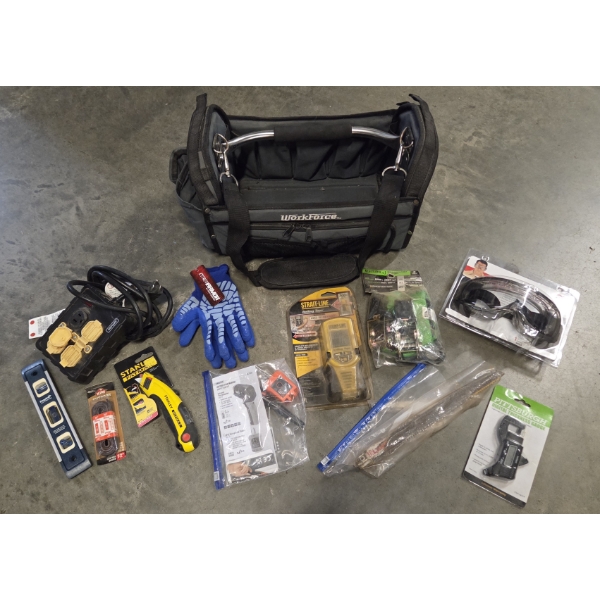 Tool Tote With New Digital Thickness Gauge, Level, Gloves, Ratchet Straps, Fat Max Knife And More!