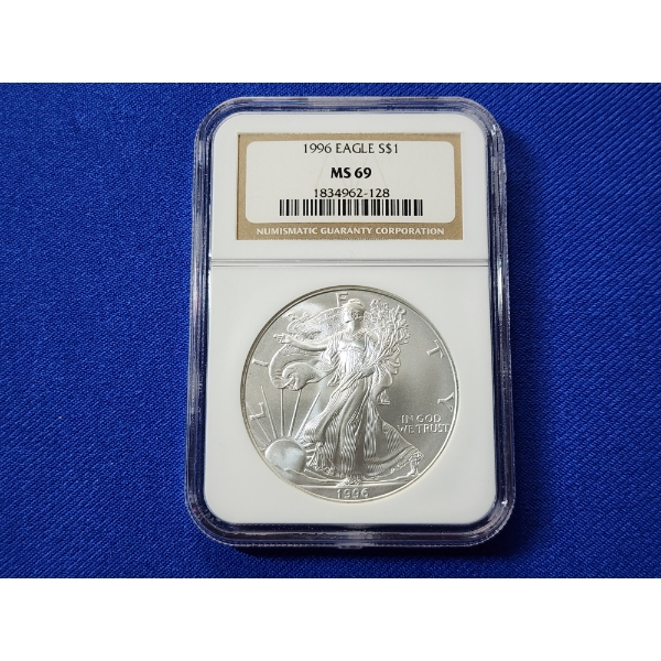 1996 $1 American Siver Eagle 1 oz Fine Silver Graded by NGC MS 69