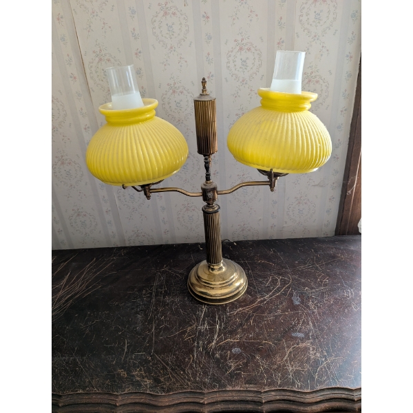 Antique Brass And Yellow Glass Electric Lamp 21"x19"