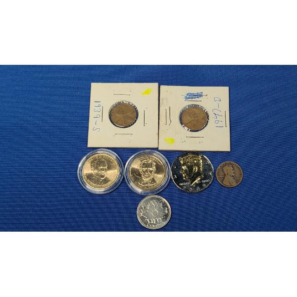 (2) Presidential Dollars, Gold Plated Kennedy Half Dollar, Wheat Cents & Canadian Quarter -FV $2.53