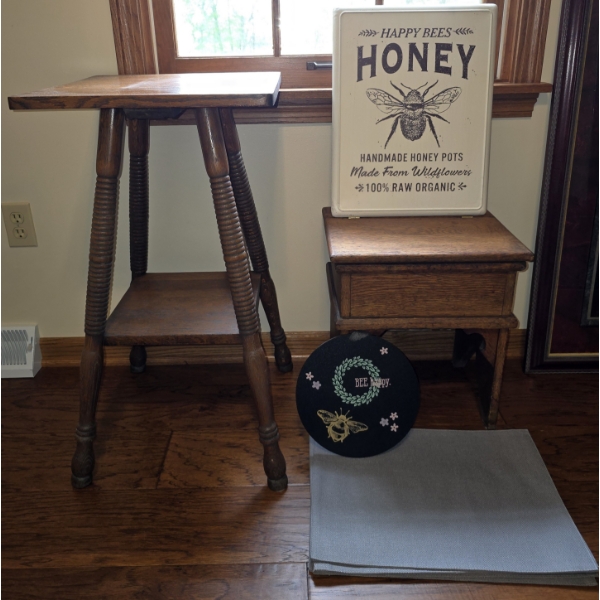 Home Decor: Honey Bee Signs, Placemats, Storage Stool 15.5W x 12.5D x 17H & Table 16"Square x 29.5H