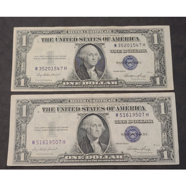 (2) Series 1935 E Blue Seal Silver Certificates - Face Value: $2.00