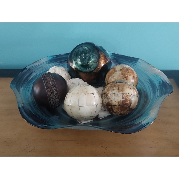 14" Art Glass Hand Blown Ruffled Edge Bowl With Decorative Balls As shown