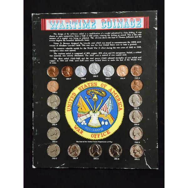 Wartime Coinage Display Ft. Wheat & Steel Pennies Along With Silver Wartime Nickels - Total FV $0.64