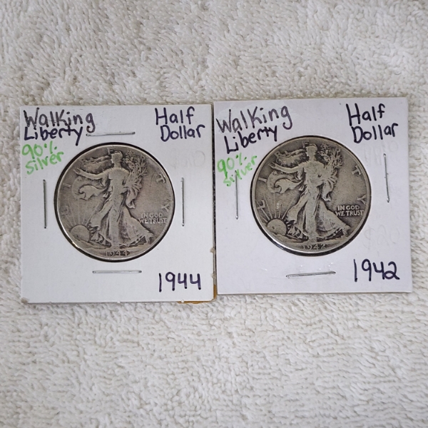 Two United States Walking Liberty 90% Silver Half Dollars: 1942 & 1944
