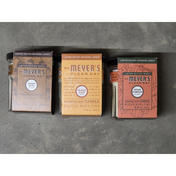 Brand New! Three 4.9OZ Meyers Soy Candles In Acorn Spice, Orange Clove & Spiced Pumpkin Scents! 