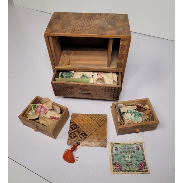Vintage Box With Assorted Old Stamps And Foreign Money