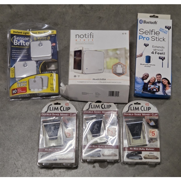 All Brand New- Wireless Doorbell, 3 Slim Money Clips, Selfie Stick & Sensor Lights