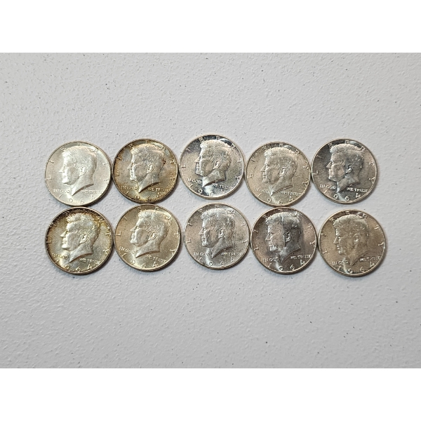 x10 1964 90% Silver Kennedy Half Dollars Face Value $5.00
