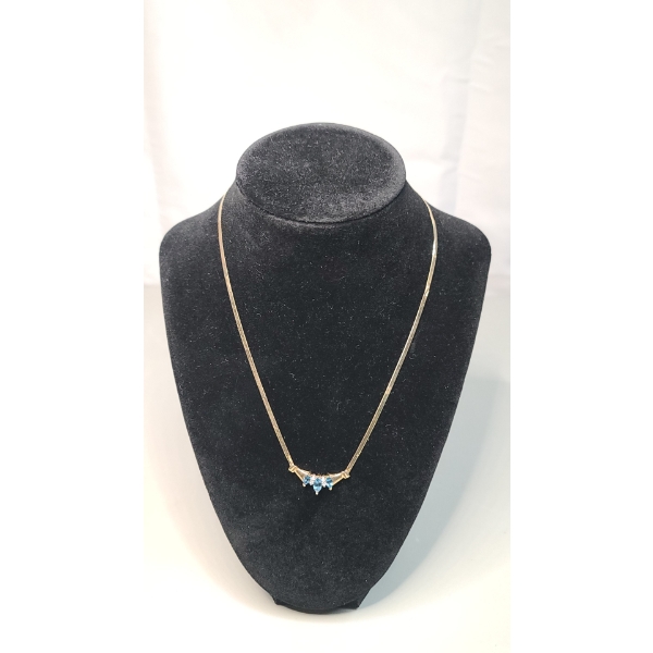 14K Yellow Gold 17" Herringbone Necklace With Blue Topaz & Diamonds - Weight: 4.8g