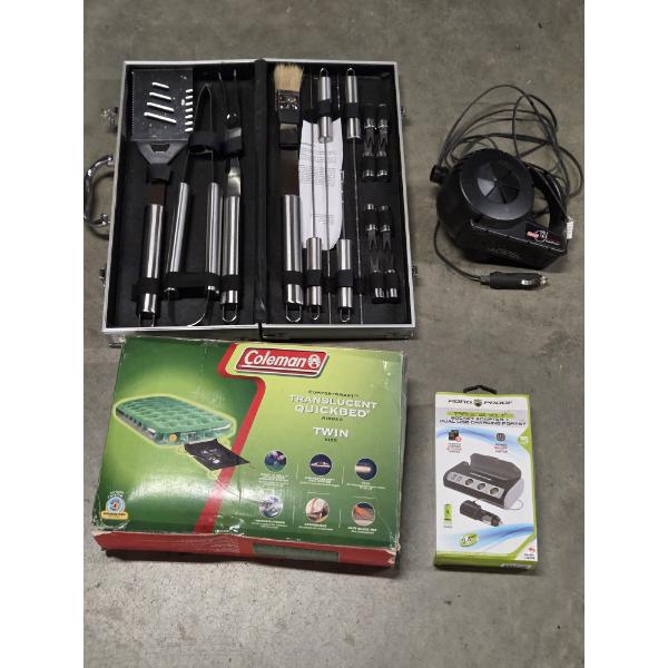 New Twin Size Coleman Air Bed, 12V Coleman Air Pump, New Cooking Utensils & 12V Socket Adaptor 