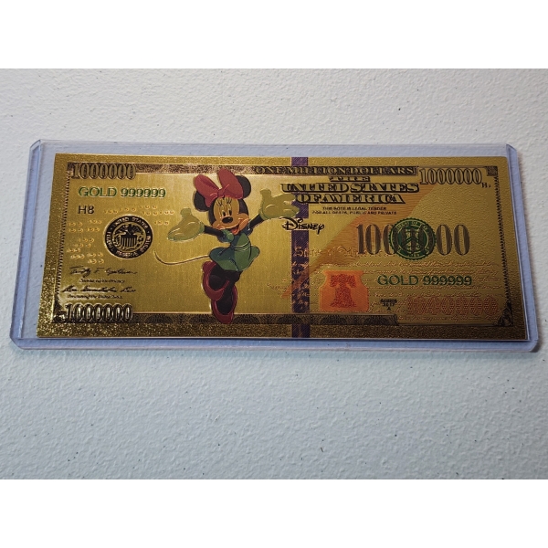 Rare Disney Minnie Mouse Gold Foil .999999 - 24K Gold Note In Protective Holder - Mint Condition