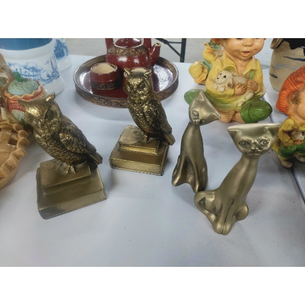 4 Pcs Brass Figures - 2 Owl Brass Bookends, 2 Oriental Brass Cats 
