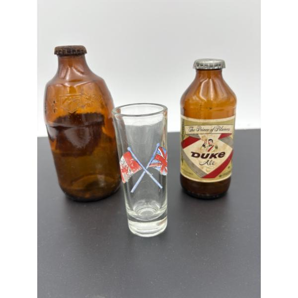 Old Glass Bottles - Canadian Shot Glass - The Prince of Pilseners Duke Bottle 
