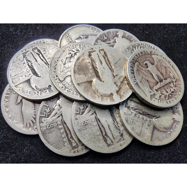 $3 Face Value in Assorted 90% Silver Quarters Including Standing Liberties & Washington Head