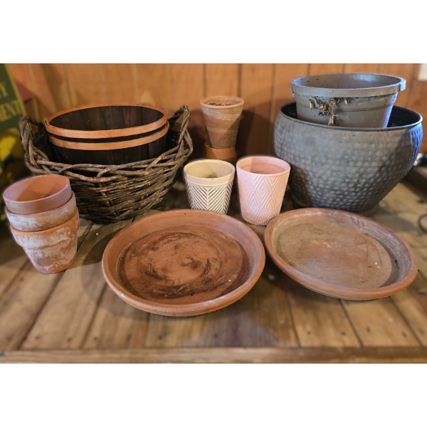 1 Planter, 2 Clay Plant Dishes & Basket and More