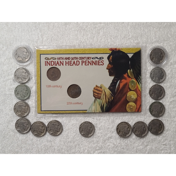 19th & 20th Century Indian Pennies Display & 15 Assorted Buffalo Nickels- Some With Dates & Some W/O