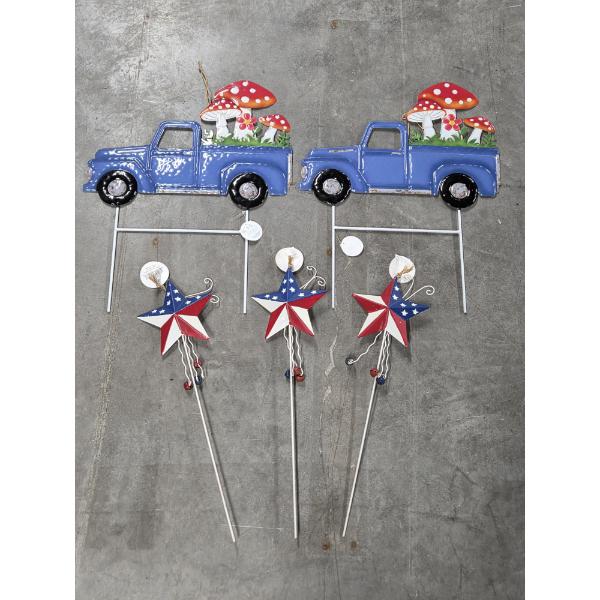 Five New Tin Garden Signs- Stars With Bells & Trucks With Mushrooms 