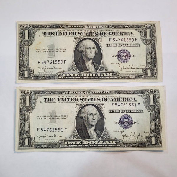 Two United States 1935 D Blue Seal $1 *Consecutive Serial Number* Silver Certificates