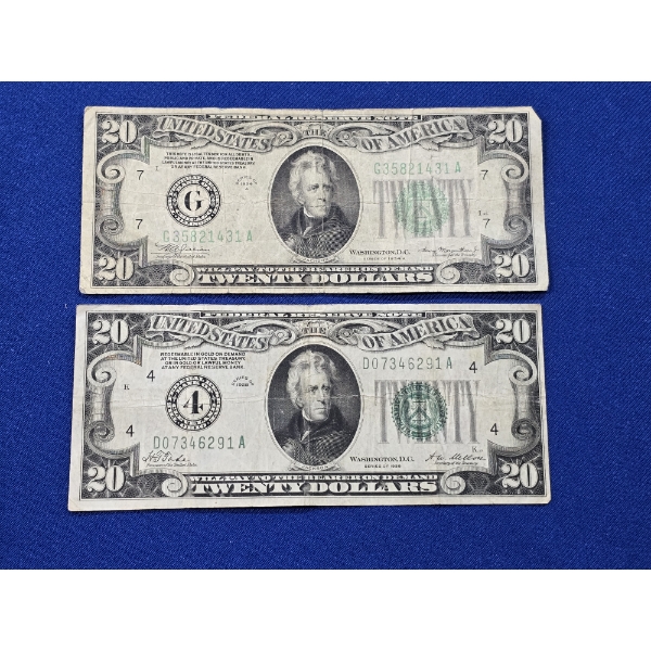 2 $20 Dollar Bills: 1934- A $20 Federal Reserve Note and 1928 $20 Federal Reserve Note - FV; $40