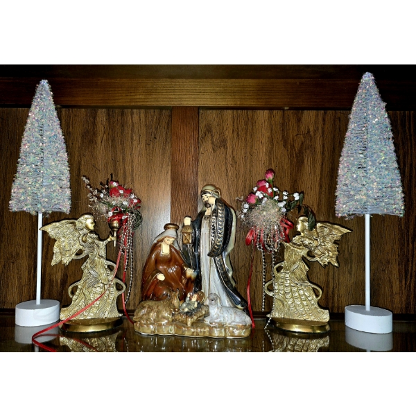 Statue of Jesus, Mary and Joseph with Angels and Christmas Trees