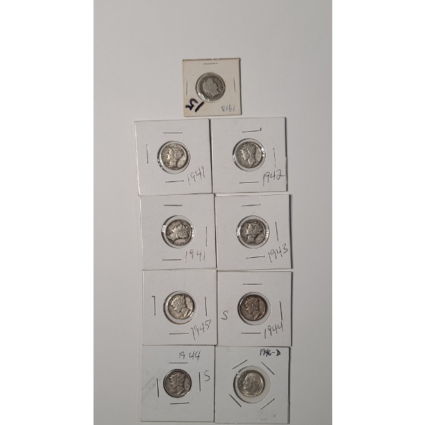 Assorted Years/Mint Marks Barber, Mercury & Roosevelt 90% Silver Dimes - Face Value: $0.90
