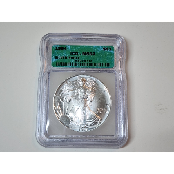 ICG Graded MS64 1994 American Silver Eagle - 1 oz .999 Fine Silver 