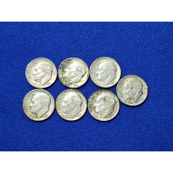 7 Assorted Years 90% Silver Roosevelt Dimes FV: $0.70