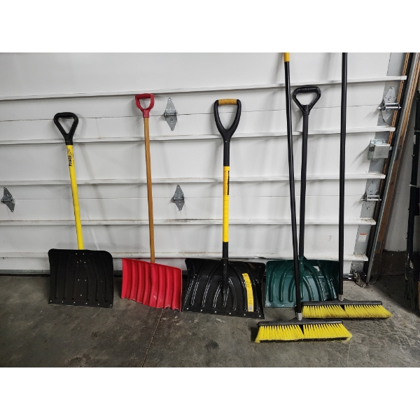 Lot of (4) Snow Shovels & (2) Push Brooms