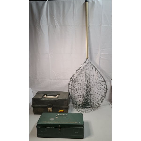 Assorted Tackle Boxes & 46" Fishing Net 