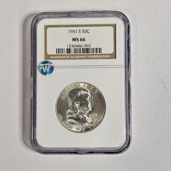 1951-S 90% Silver Franklin Half Dollar, graded and encapsulated by the Numismatic Guaranty Company