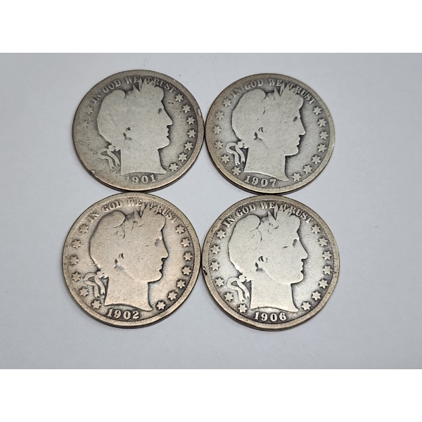 Four U.S. Barber Half Dollars: 1901-S, 1907, 1902, 1906 - 90% Silver - FV: $2.00