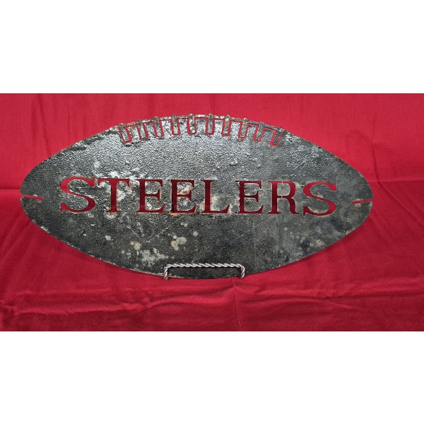Antique  Die Punched Pittsburg Steelers Enameled Iron Football Sign 16 x 8