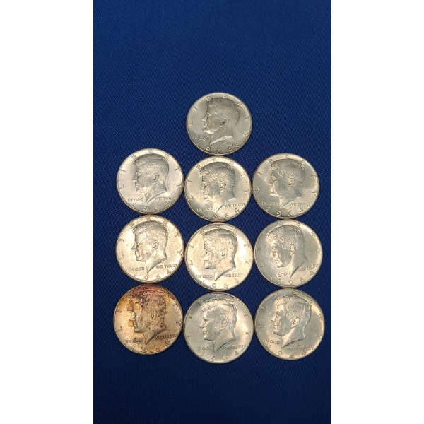 (10) 1964 Silver Kennedy Half Dollars - Face Value: $5.00