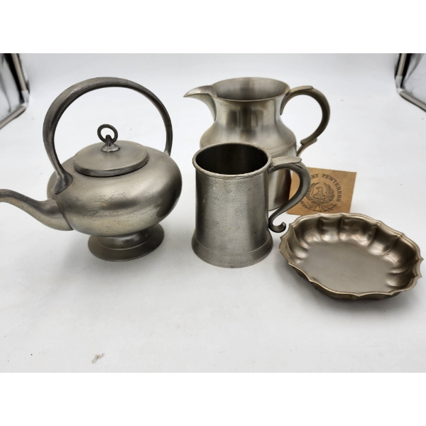 Assorted Vintage Pewter Pieces: Teapot, Mug, Dish Approx. ~ 5.8lbs Total 