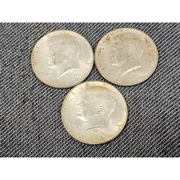 Three 90% Silver United States 1964 Kennedy Half Dollars ~ $1.50 Face Value