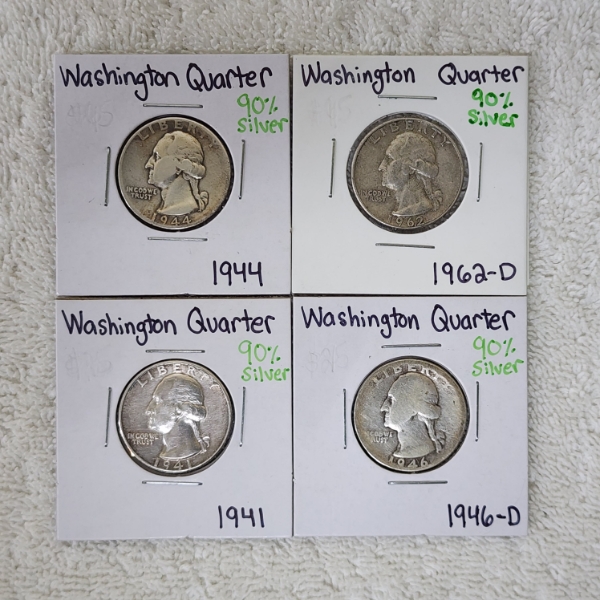 Four Assorted Years 90% SILVER Washington Quarters - Face Value: $1.00